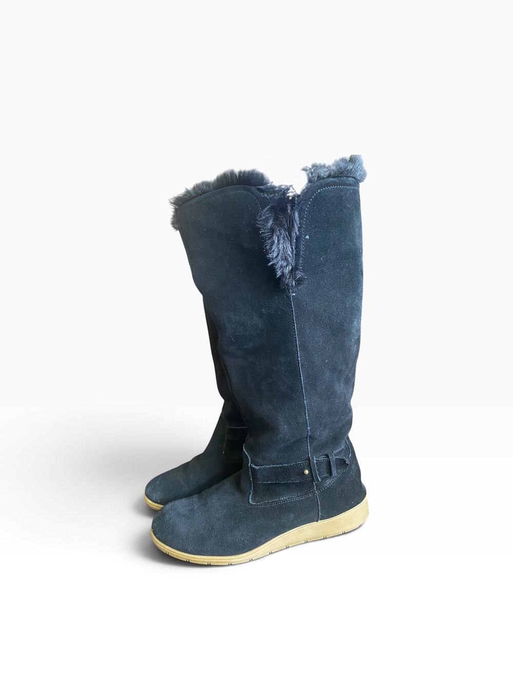 Lands’ End Women’s 8 Black Suede Faux Fur Knee High Winter Boots Buckle